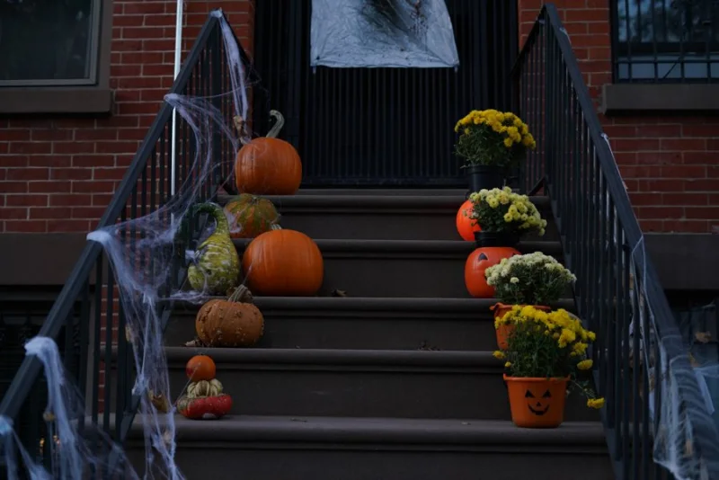 A brownstone stoop lined with pumpkins and mums