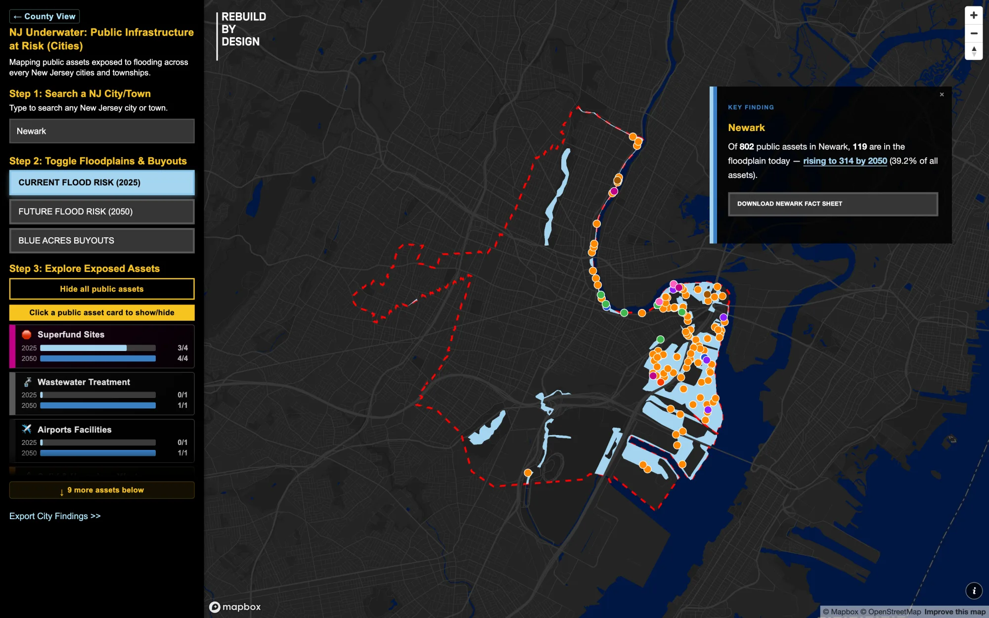 NJ Underwater city map zoomed to Newark, showing public assets in the floodplain and a key finding: 119 of 802 assets at risk today, rising to 314 by 2050