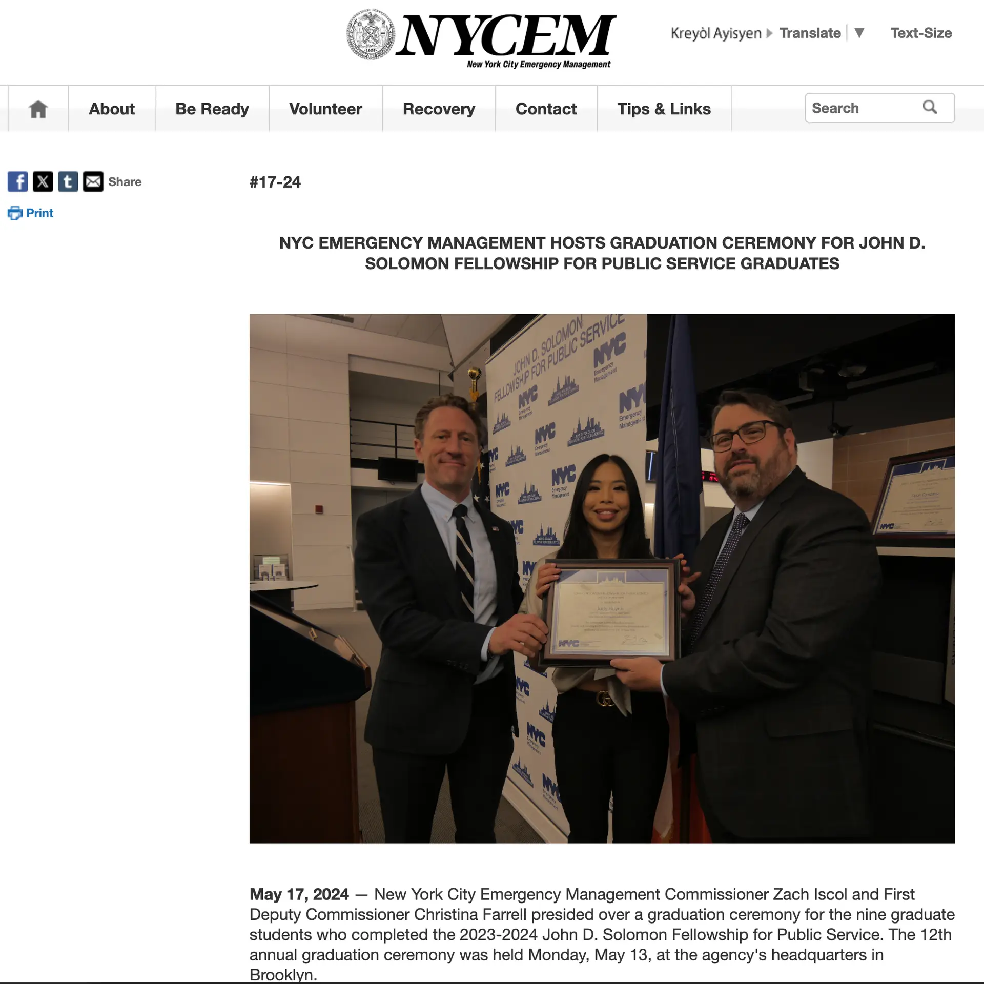 The NYC Emergency Management press release, with Judy holding her fellowship certificate