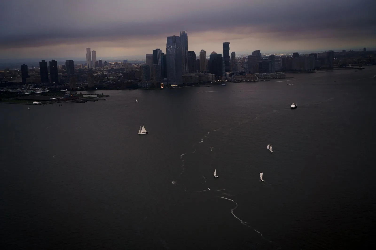 The Jersey City skyline from the air at dusk