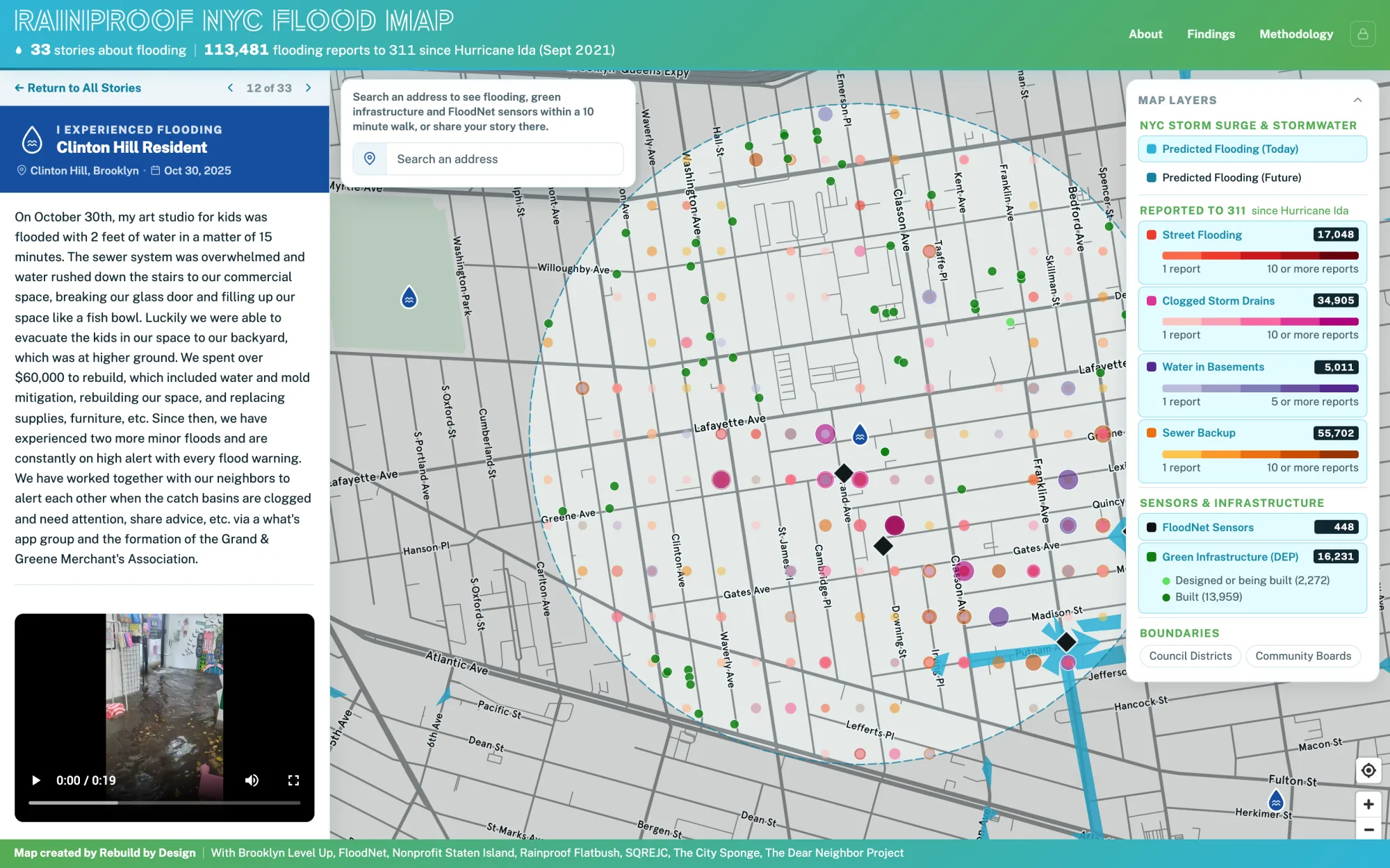 An open story from a Clinton Hill resident with a video, and the half mile around it showing 311 reports, FloodNet sensors and green infrastructure